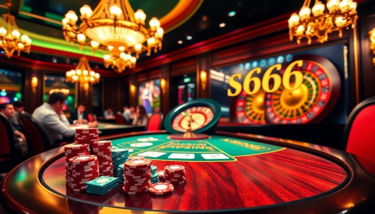 Exciting casino scene showcasing a poker game with vibrant s666 đăng nhập digital access for online gamers immersed in action.
