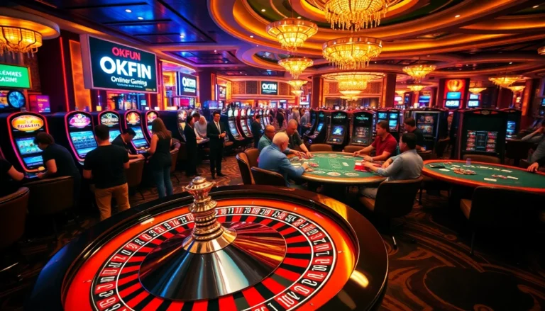 OKFUN casino scene with players at roulette tables and slot machines, capturing excitement and luxury.