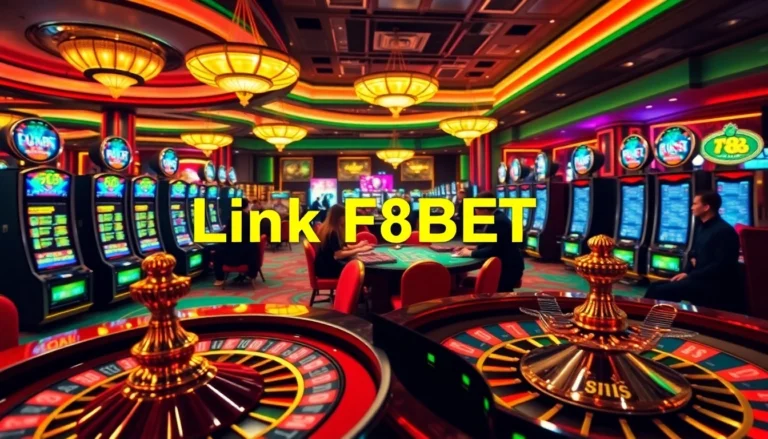 Experience the thrill of the casino with Link F8BET logo on slot machines, inviting players to engage in exciting games.