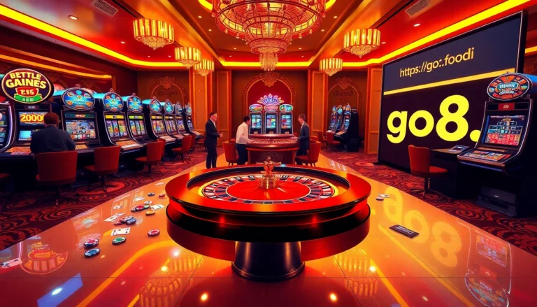 Players engage in exciting bets at a casino table featuring betting slips and poker chips promoting https://go8.food/.