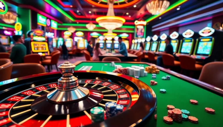 Experience the thrill of gaming at https://32win.academy/ with a lively casino scene filled with roulette wheels and vibrant slot machines.