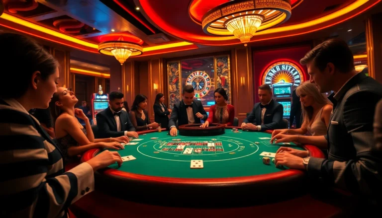 Players enjoying high-stakes blackjack at king33 casino with vibrant neon lights.