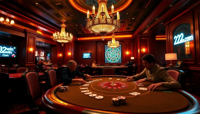 Experience the thrill of high-stakes poker at 32win.com, where players engage intensely with cards, chips, and vibrant casino lights.